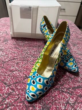 Escada Blue, Yellow & White Patterned Pointed-Toe Pumps